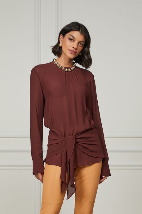 Blusa De Georgette Pesado Manga Longa Marrom Amarração Frontal Marrom Rum - 44