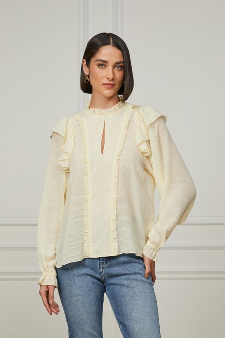 Blusa De Georgette Leve Babados Bege Manga Longa Bege Manha - 44