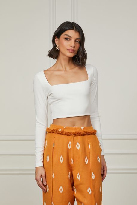 Blusa Cropped Decote Quadrado Manga Longa Off White - P