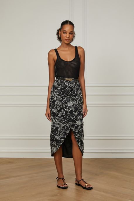 Saia Midi Transpassada De Algodão Bordado Preto/Off - 40