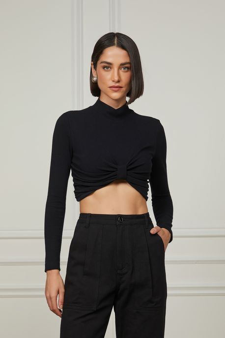 Top Cropped De Malha Crepe Manga Longa e Franzido Laço Preto - P
