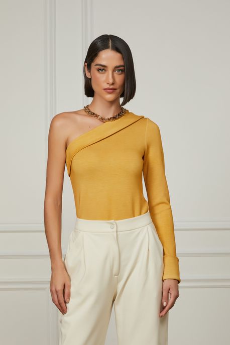 Blusa De Malha Um Ombro Só Com Dobra No Decote Mostarda Ouro - G
