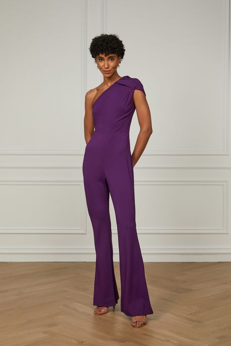 Macacão Longo De Jersey Um Ombro Só Com Detalhe Pregas Roxo Plum - PP