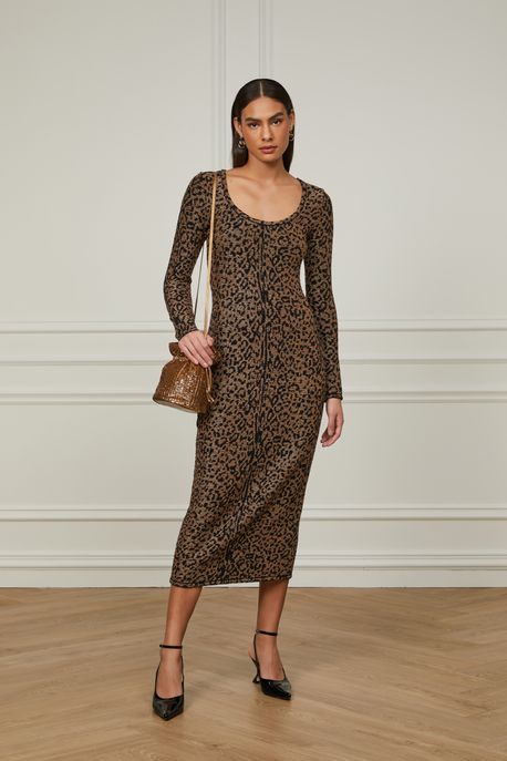 Vestido Ml Mixed Lurex Onça Dourado Est Leopard Dorso Color - G