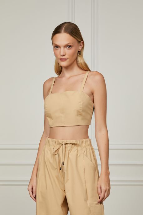 Top De Algodão Reto Com Alças Bege Palha - 36