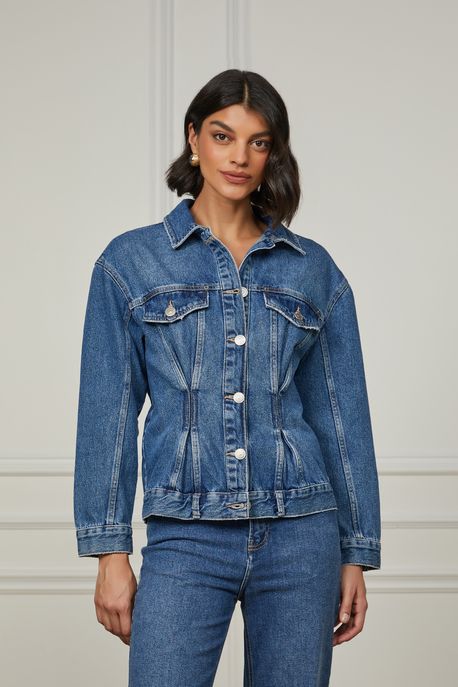 Jaqueta Jeans Stoned Acinturada Jeans Medio - G