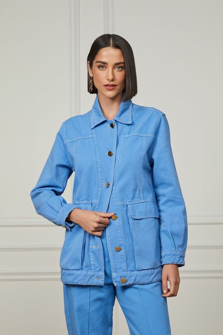 Maxi Jaqueta De Sarja Azul Com Botões Dourados Azul Azure - G