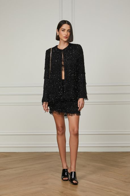 Casaqueto Franjas De Paetê Preto Preto - 36