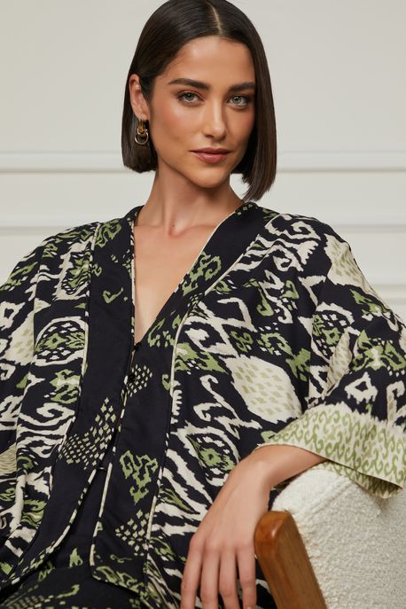 Kimono De Manga 7/8 Com Mix De Estampas Barrado Ikat Est Ikat Limar Preto e Verde p - P