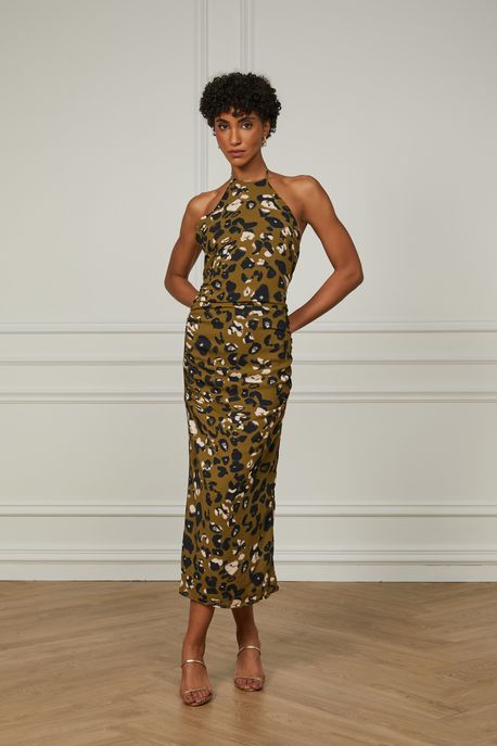 Vestido De Georgette Midi Estampado Frente Única Est Onca Spray Figo - 44