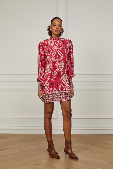 Vestido De Seda Curto Manga Longa Estampado Gola Alta Est Bar Ikat Limar Color p - 40