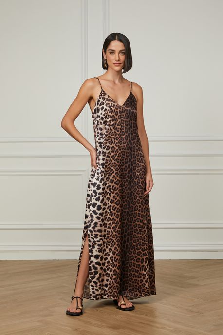 Vestido Longo De Alça Estampado Decote Costas Est Leopard Dorso Color - 40