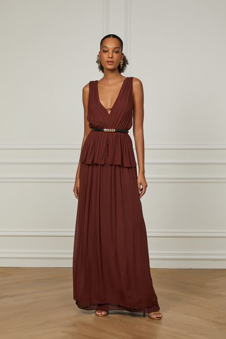 Vestido De Georgette Longo Com Decote v e Sobreposição Marrom Rum - 36