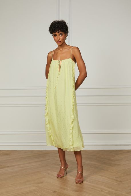 Vestido De Lurex Midi Babados Amarelo De Alça Amarelo Polen - 40