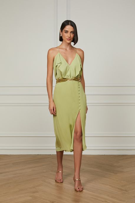Saia De Georgette Midi Com Botões Laterais Verde Pear - 38
