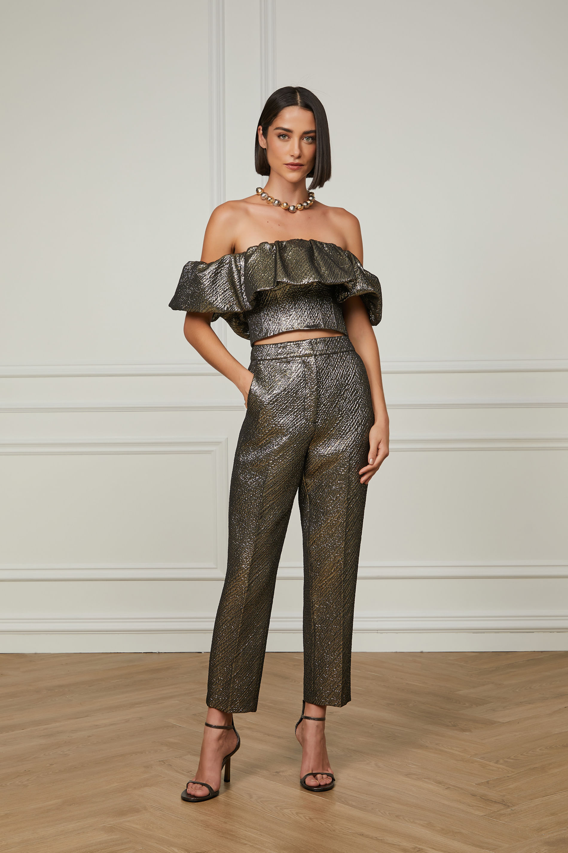Calça De Alfaiataria Textura Metálica