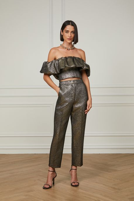 Calça De Alfaiataria Textura Metálica Dourado - 44