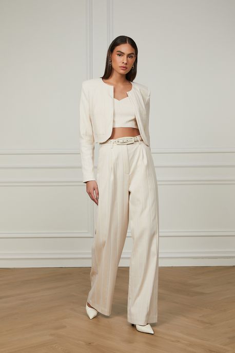 Calça Reta Alfaiataria Bege Cintura Alta Bege - 36