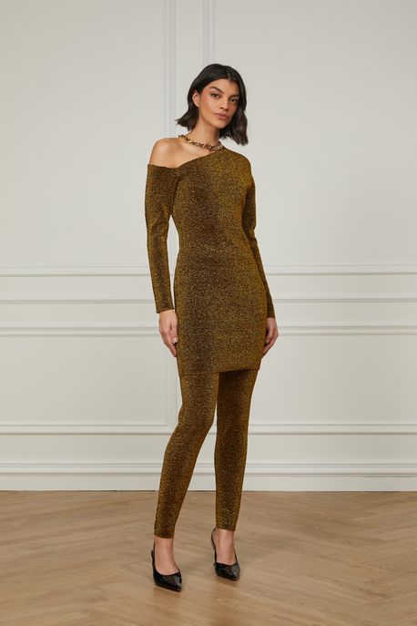 Legging De Tricot Basic Com Lurex Dourado Dourado - M