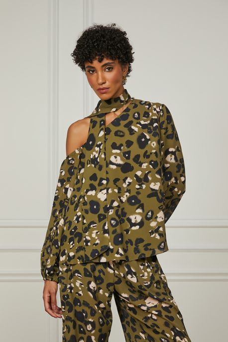 Blusa De Georgette Estampada Com Amarração No Pescoço Est Onca Spray Figo - 42