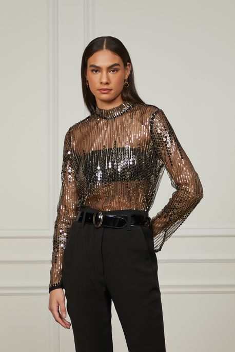 Blusa De Manga Longa De Paetê Com Top Preto - 42