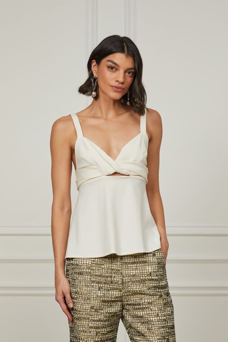 Blusa De Malha Detalhe Decote Com Cut e Dobratura No Busto Off White - G