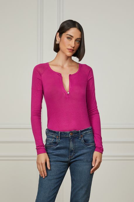 Blusa Decote v e Manga Longa Raglan De Malha Fucsia Fucsia Festival - G