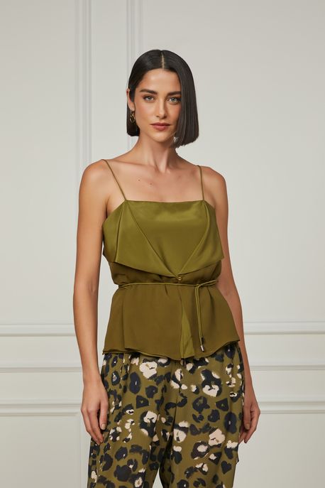 Blusa De Seda Camadas Verde De Alça Amarração Verde Figo - 36