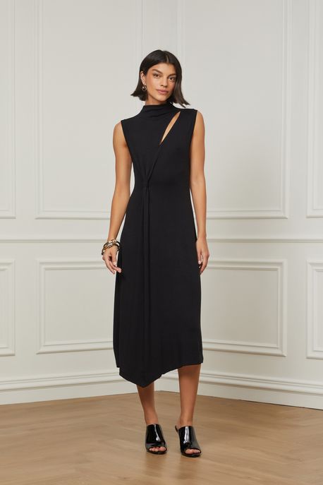 Vestido De Malha Midi Com Gola Alta e Cut Preto - GG