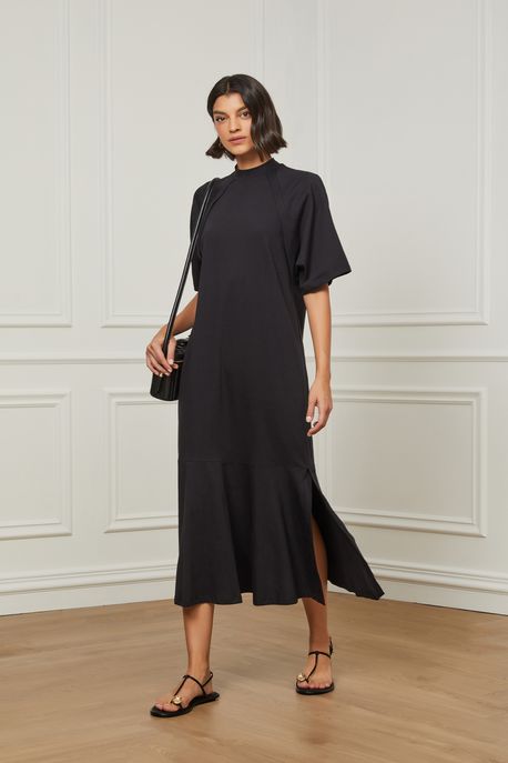 Vestido Midi Golinha Alta Com Detalhe Das Pregas Preto Preto - G
