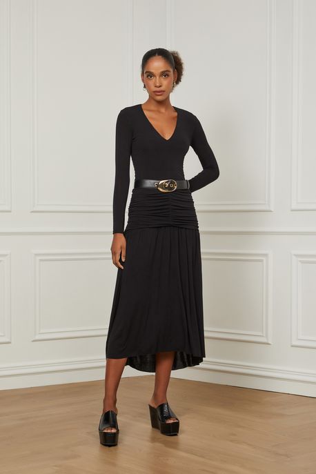 Vestido De Malha Midi Manga Longa Com Saia Franzida Preto Preto - P