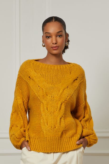 Pull Oversized De Tricot Com Manga Trançada Mostarda Mostarda Ouro - G