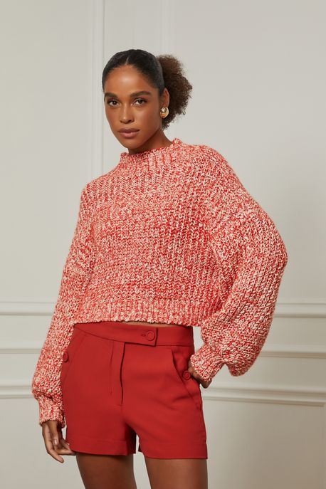 Pull De Tricot Curto Com Detalhe Manga Maxi Coral Coral Art - M