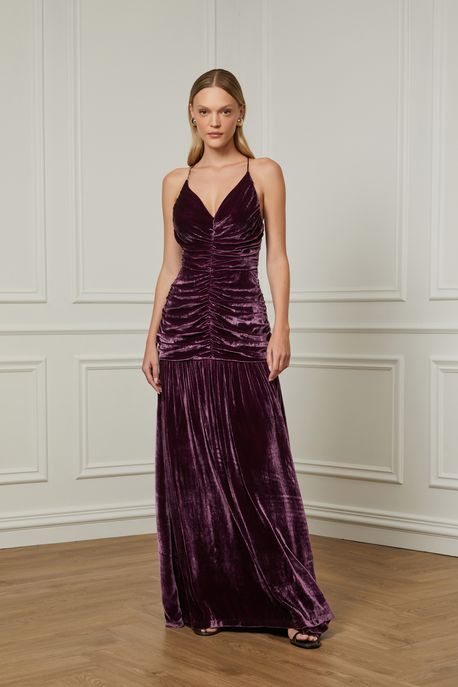 Vestido De Veludo Longo Roxo Com Corpo Drapeado Roxo - 36