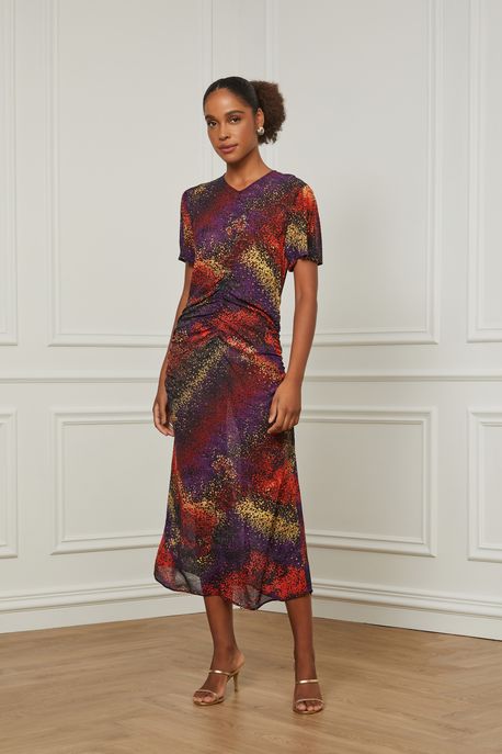 Vestido De Georgette Leve Midi Estampado Com Hotfix Est Pois Confeti Color - 34