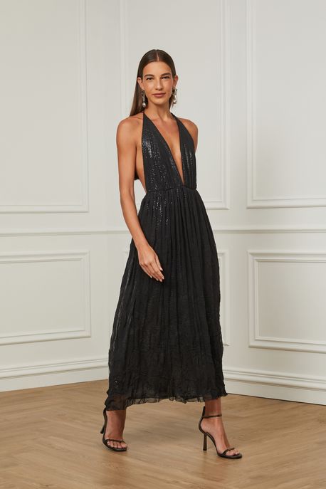 Vestido Midi De Paete Com Sobreposição De Tule Preto - M