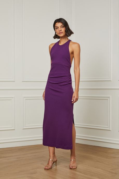 Vestido Midi Com Franzido Na Lateral e Decote Nadador Nas Costas Roxo Plum - PP