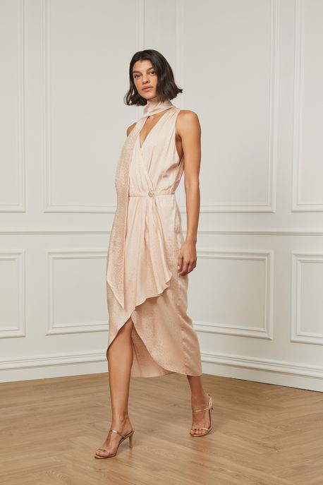 Vestido Devorê Midi Transpassado Nude Sem Manga Nude Lace - 36