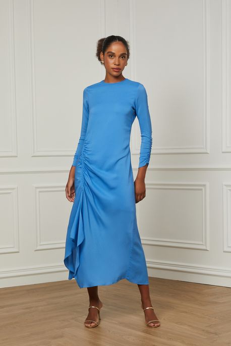 Vestido Midi Franzido Azul Com Fenda Manga Longa Azul Azure - 36
