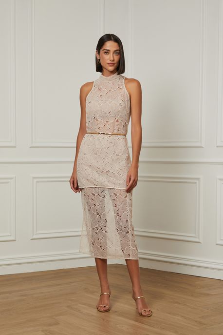 Saia Midi De Renda Com Franzido e Fenda Lateral Off Marfim - 38