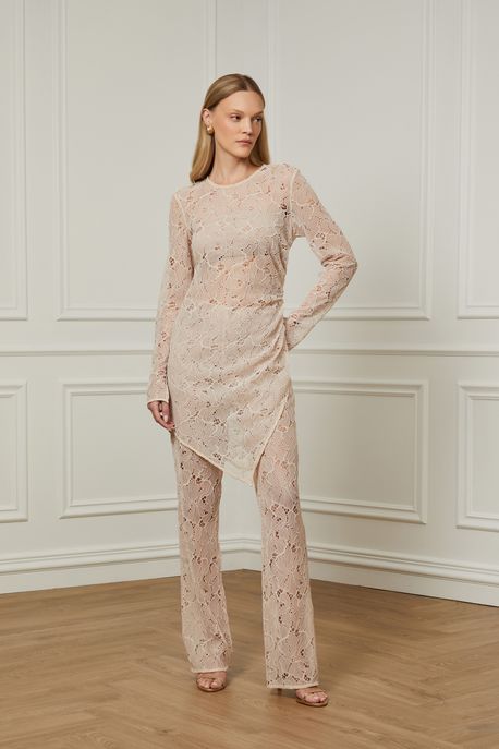 Calça De Renda Reta Sem Cós Off Marfim - 42