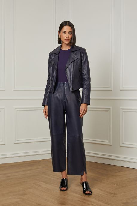 Calca De Couro Cintura Alta Detalhe Pences Azul Eclipse - 40