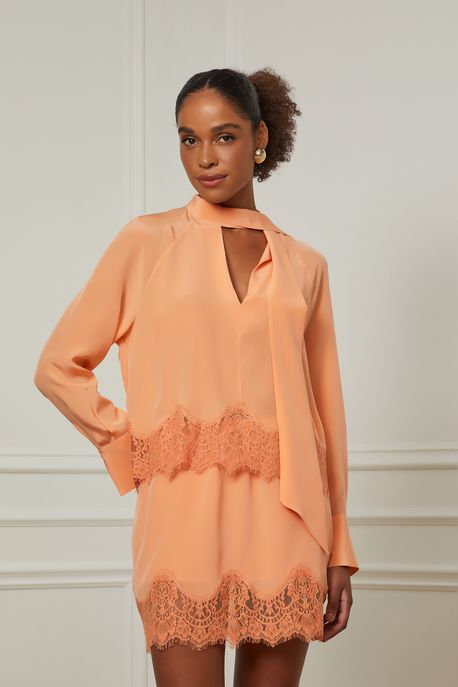 Camisa De Seda Gola Amarração Coral Com Renda Coral Concha - 42
