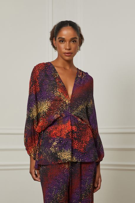 Blusa De Georgette Manga Longa Estampada Com Hot Fix Est Pois Confeti Color - 38