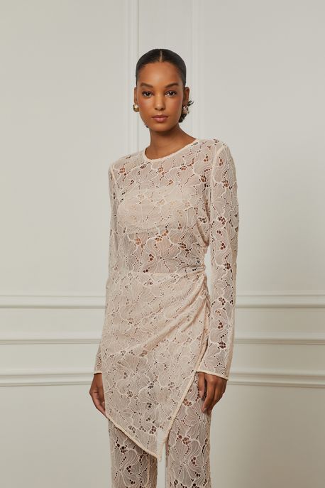 Blusa Manga Longa De Renda Com Franzido Lateral Off Marfim - 38