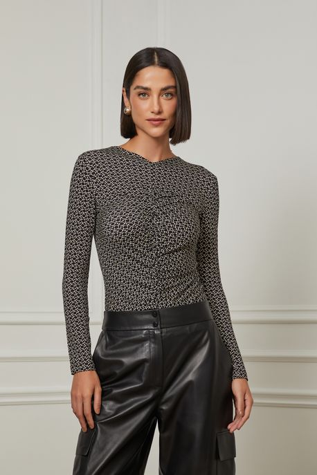 Blusa Manga Longa Detalhe Franzido De Malha Estampada Geométrica Est Geo Pois Ciranda Preto e Betula - G