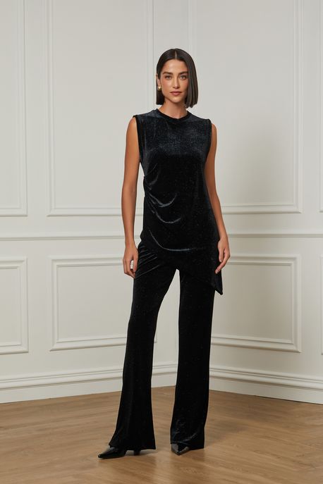 Túnica De Veludo Longa Assimétrica Preto - M