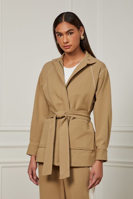 Parka De Malha Com Bolso e Pespontos Contrastantes Marrom Madeira - P
