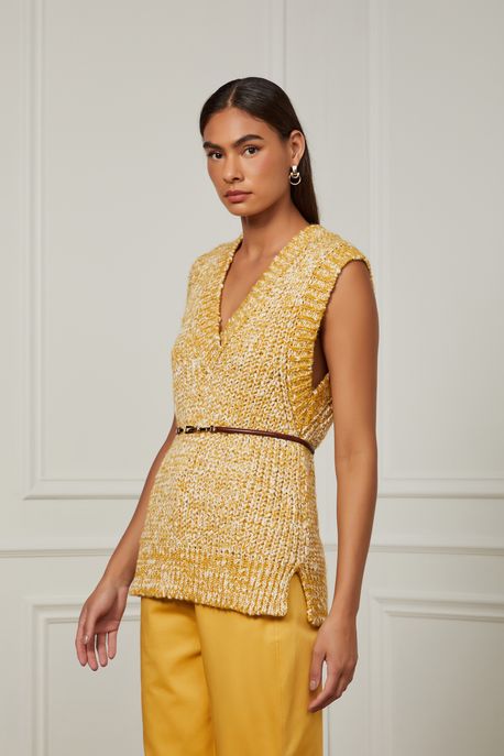 Colete Oversized De Tricot Com Gola v e Detalhe Lurex Mostarda Mostarda Ouro - P