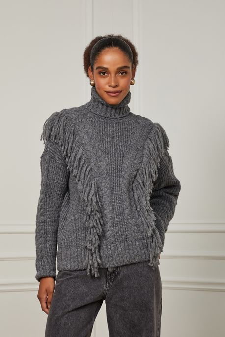 Pull De Tricot Oversized Com Manga Longa e Detalhe Tranças Mescla Mescla - P